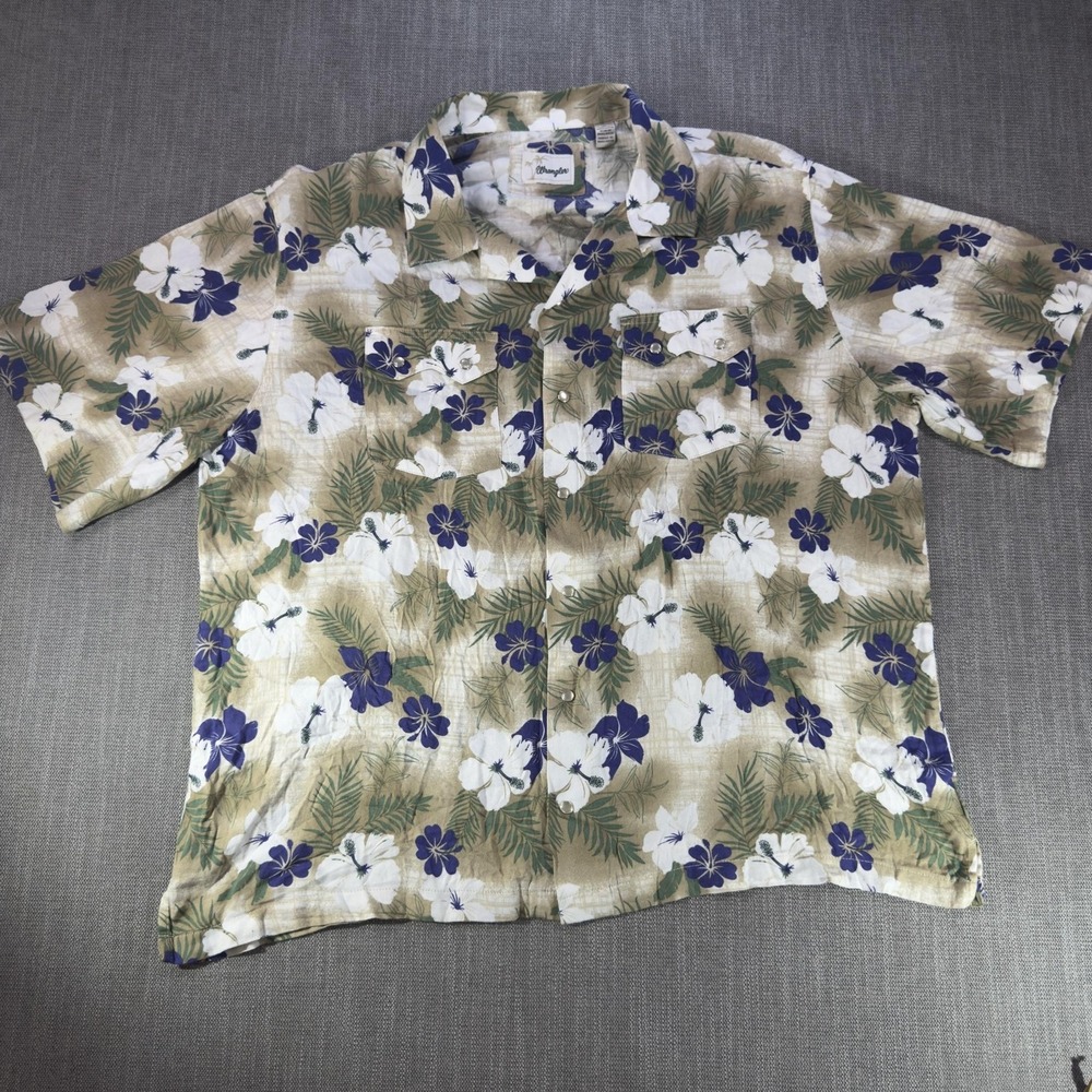 Wrangler Shirt Mens 2XL Beige Floral Hawaiian Short Sleeve Snap Front Casual
